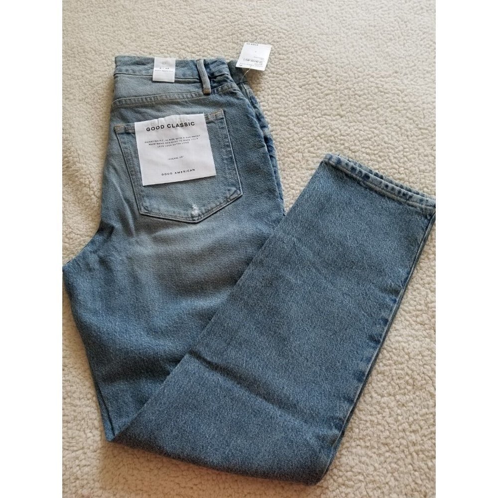 Good American Good Classic Skinnyish Fit Distress Indigo Hi-Rise Jeans Sz 4/27
